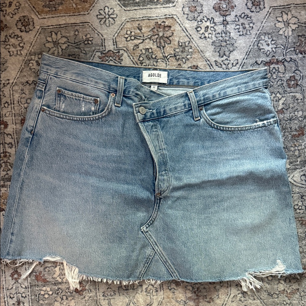Agolde Light Blue Distressed Denim Mini Skirt